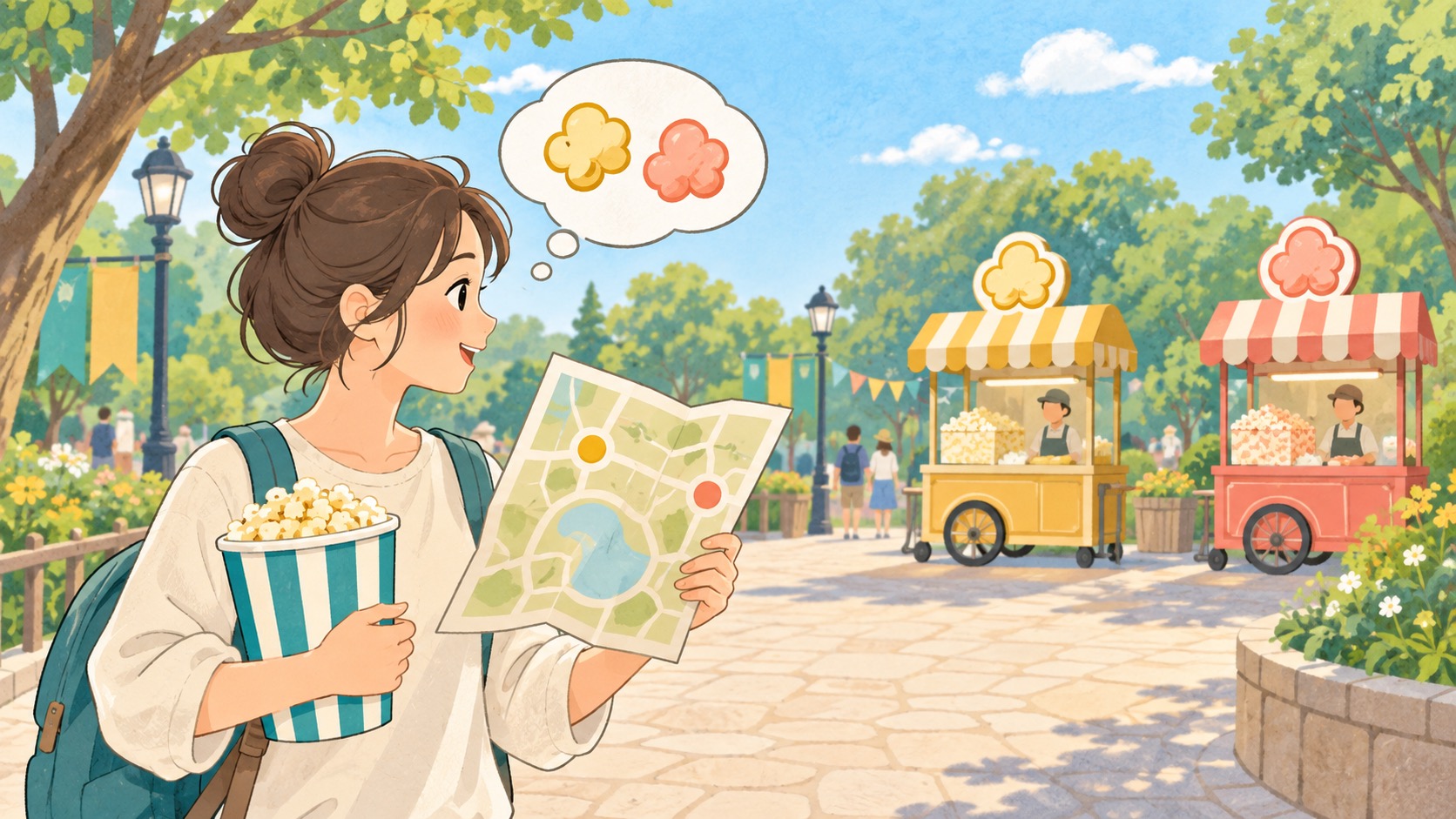 地図を見ながら異なる色の汎用ポップコーンワゴンを選ぶ様子を描いたテマパ!オリジナル挿絵