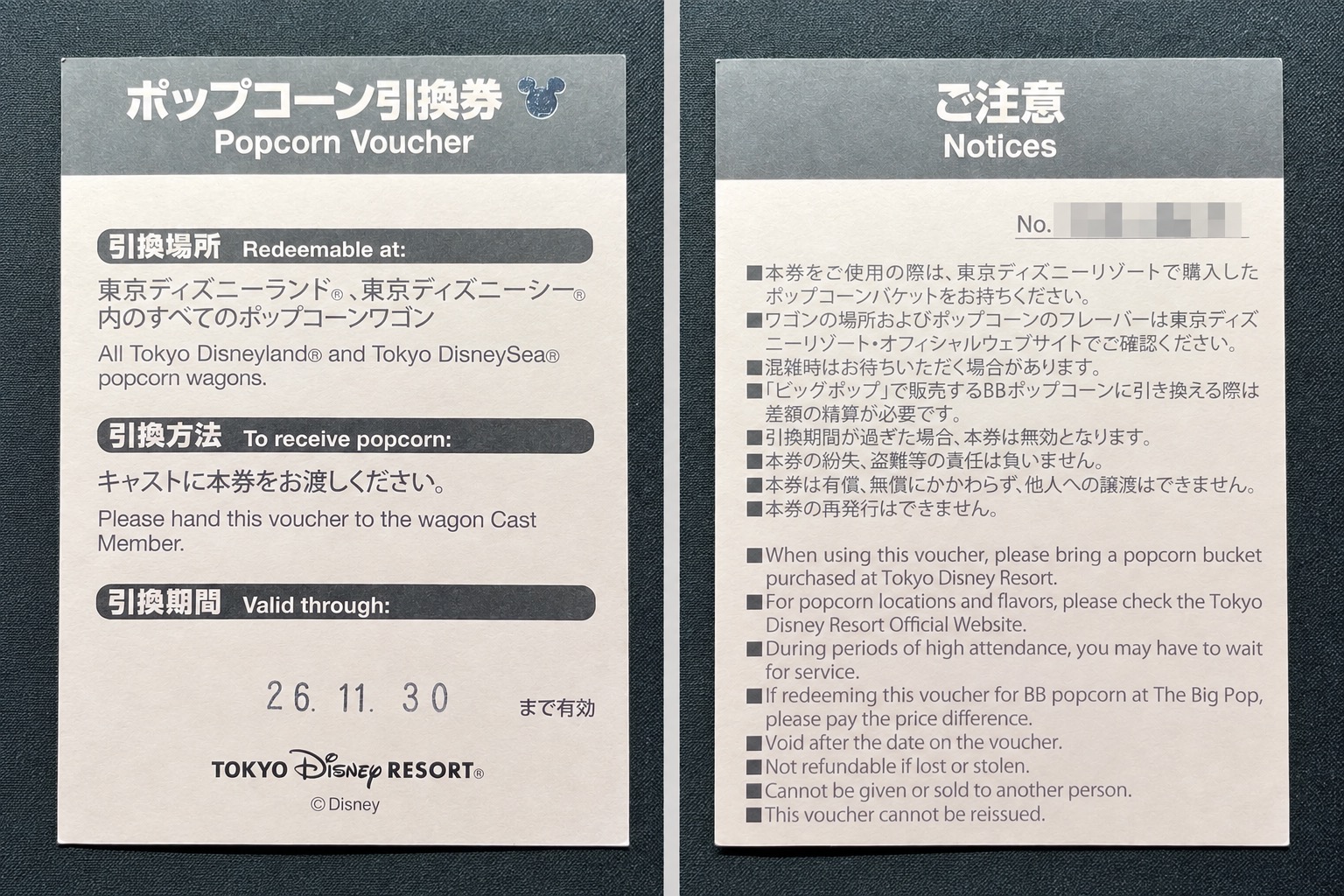 ポップコーン引換券の表面と裏面を横並びにした自前撮影写真。表面は引換場所・方法・有効期間、裏面はバケット持参やビッグポップ利用時の注意を確認でき、No.に続く番号はモザイク化されている