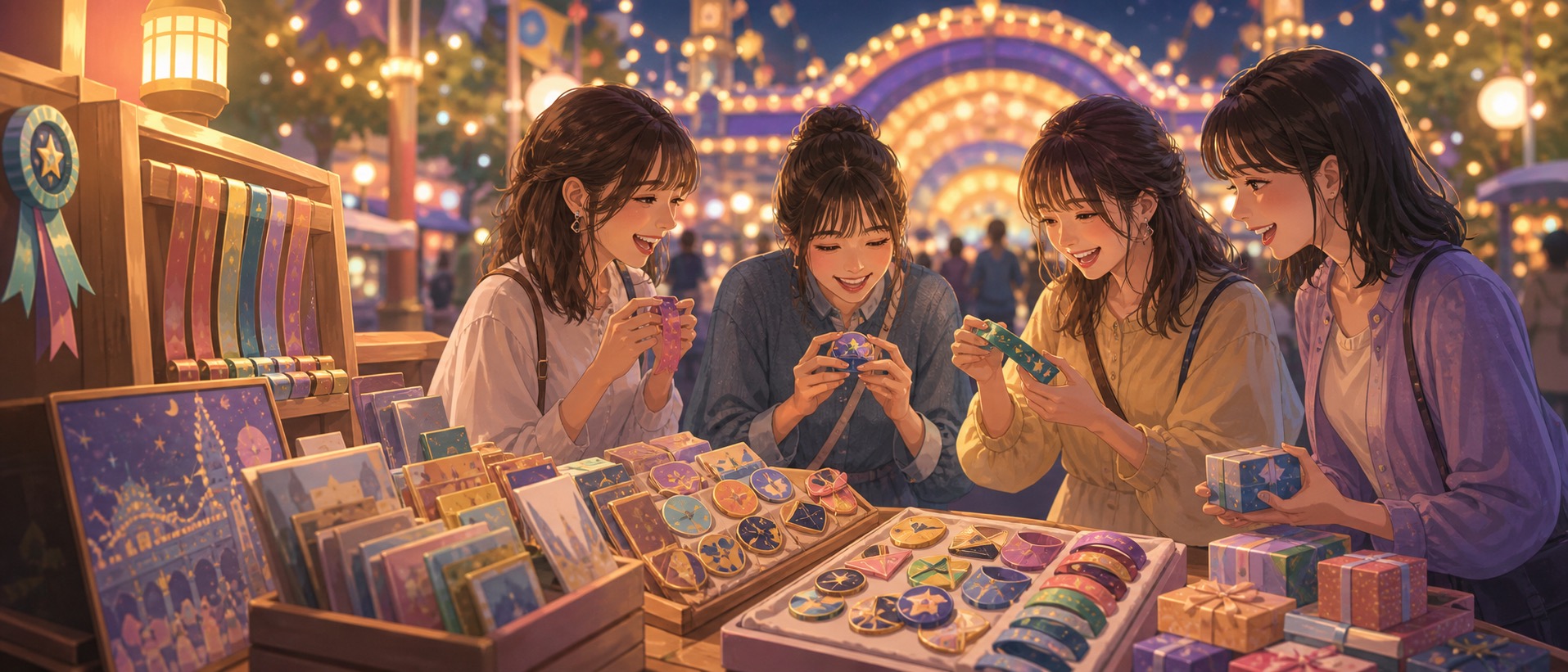 非日常の雰囲気の中でリボンや小物などのオリジナルグッズを選ぶ様子を描いたテマパ!オリジナル画像