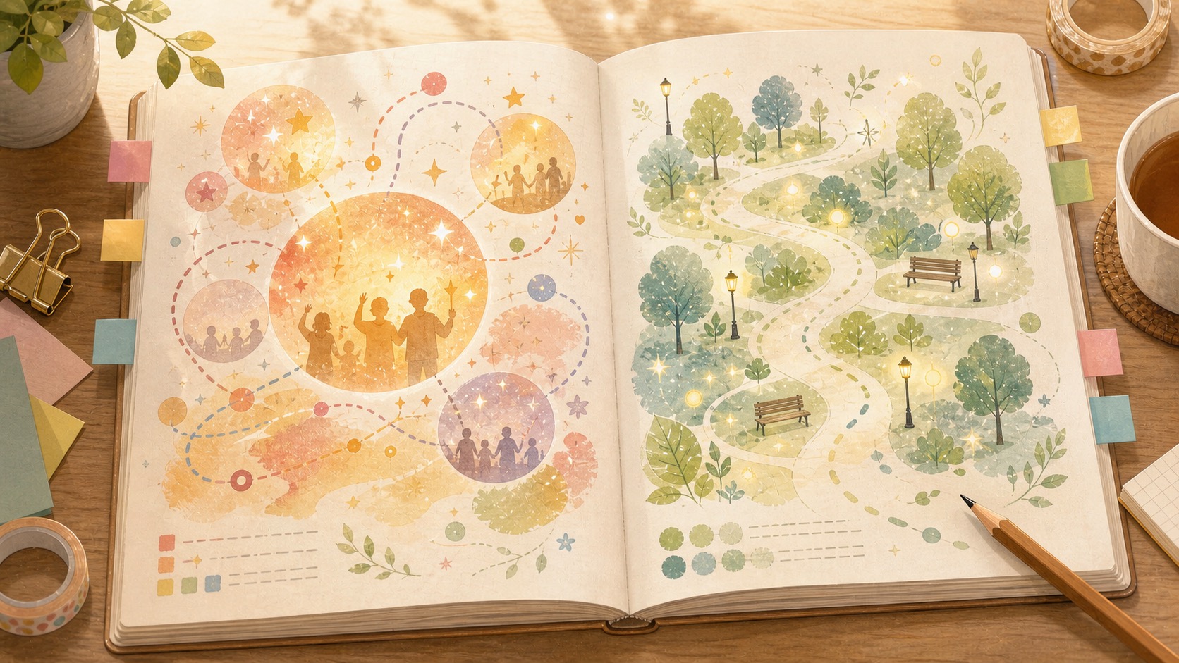 研究ノートの上に感情的な印象と景色の印象が並んで浮かぶ様子を描いたテマパ!オリジナル画像
