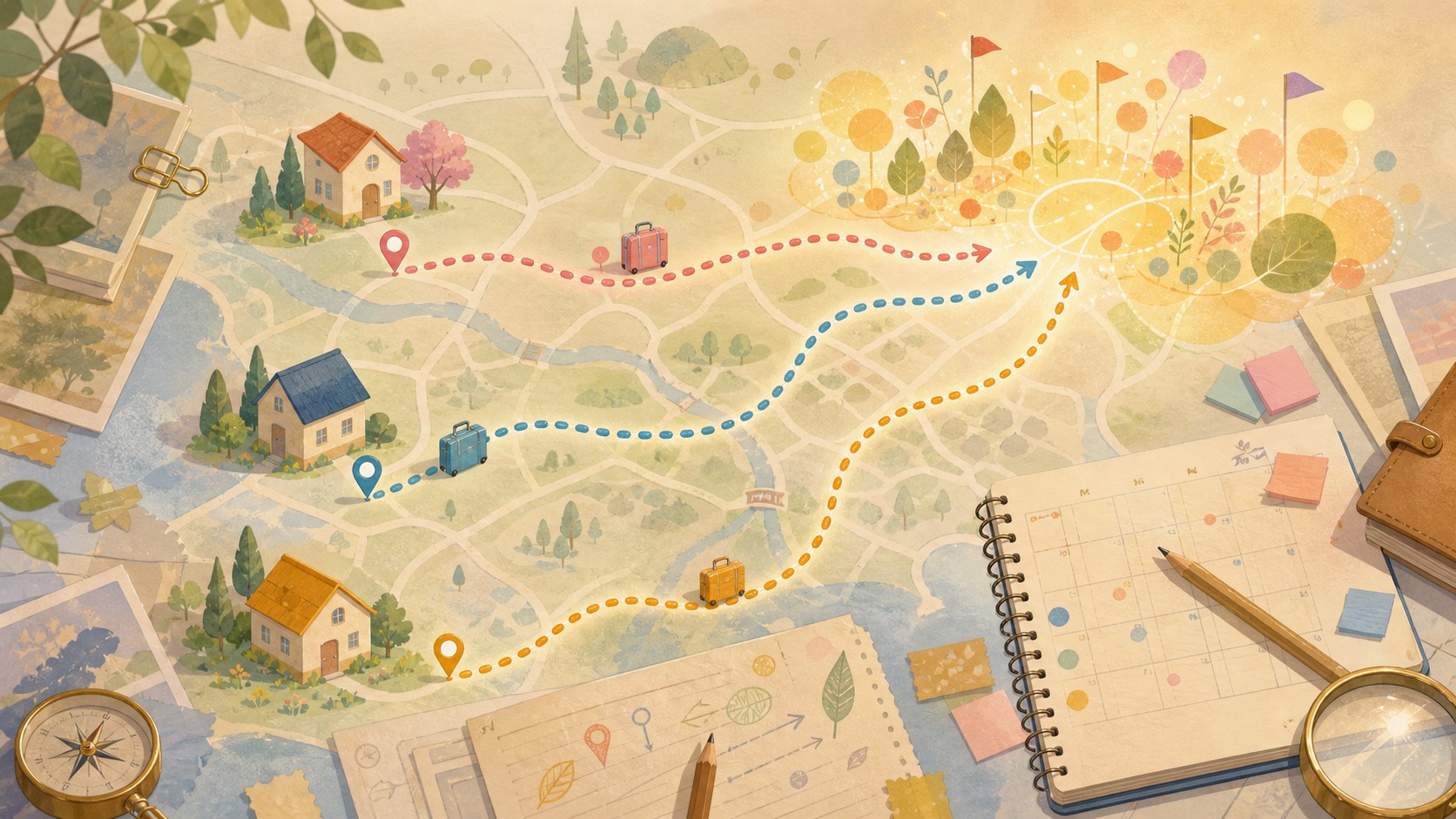 遠くの家から抽象的なテーマパークへ向かう旅行ルートと期待感を描いたテマパ!オリジナル画像
