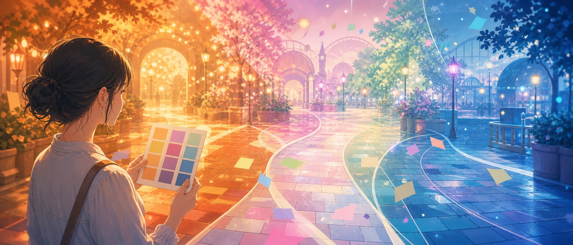 色見本を手に日常とは違う色のエリアへ歩き出す様子を描いたテマパ!オリジナル画像