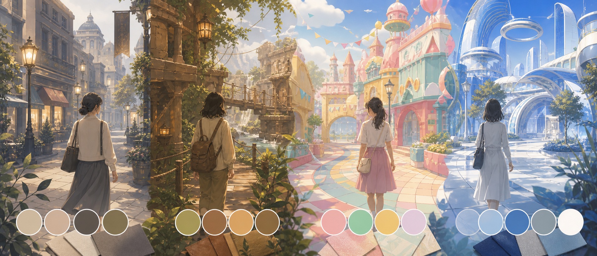 複数の抽象的なテーマエリアが色のまとまりごとに切り替わる様子を描いたテマパ!オリジナル画像