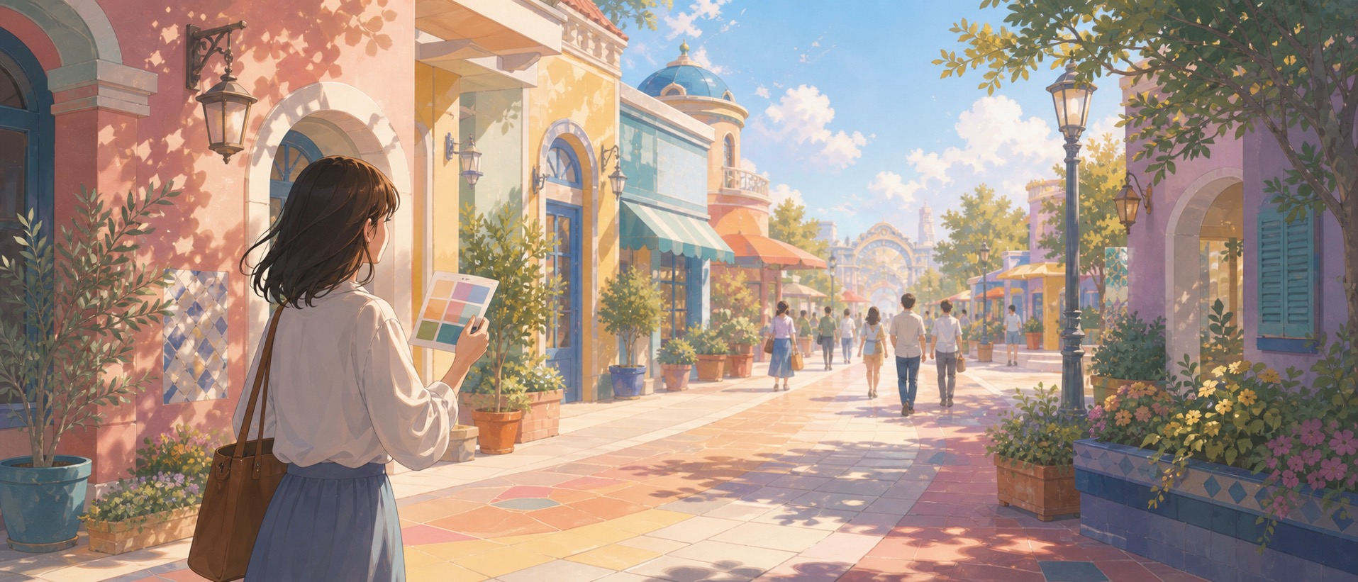 建物や道や空の色を見比べながらパークを歩く様子を描いたテマパ!オリジナル画像