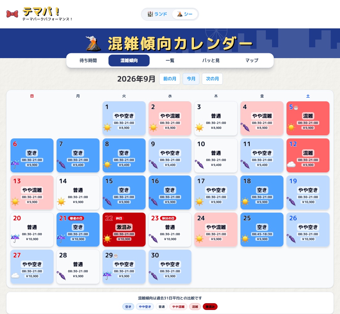 テマパ！の東京ディズニーシー混雑傾向カレンダー。2026年9月の連休前後の表示を掲載