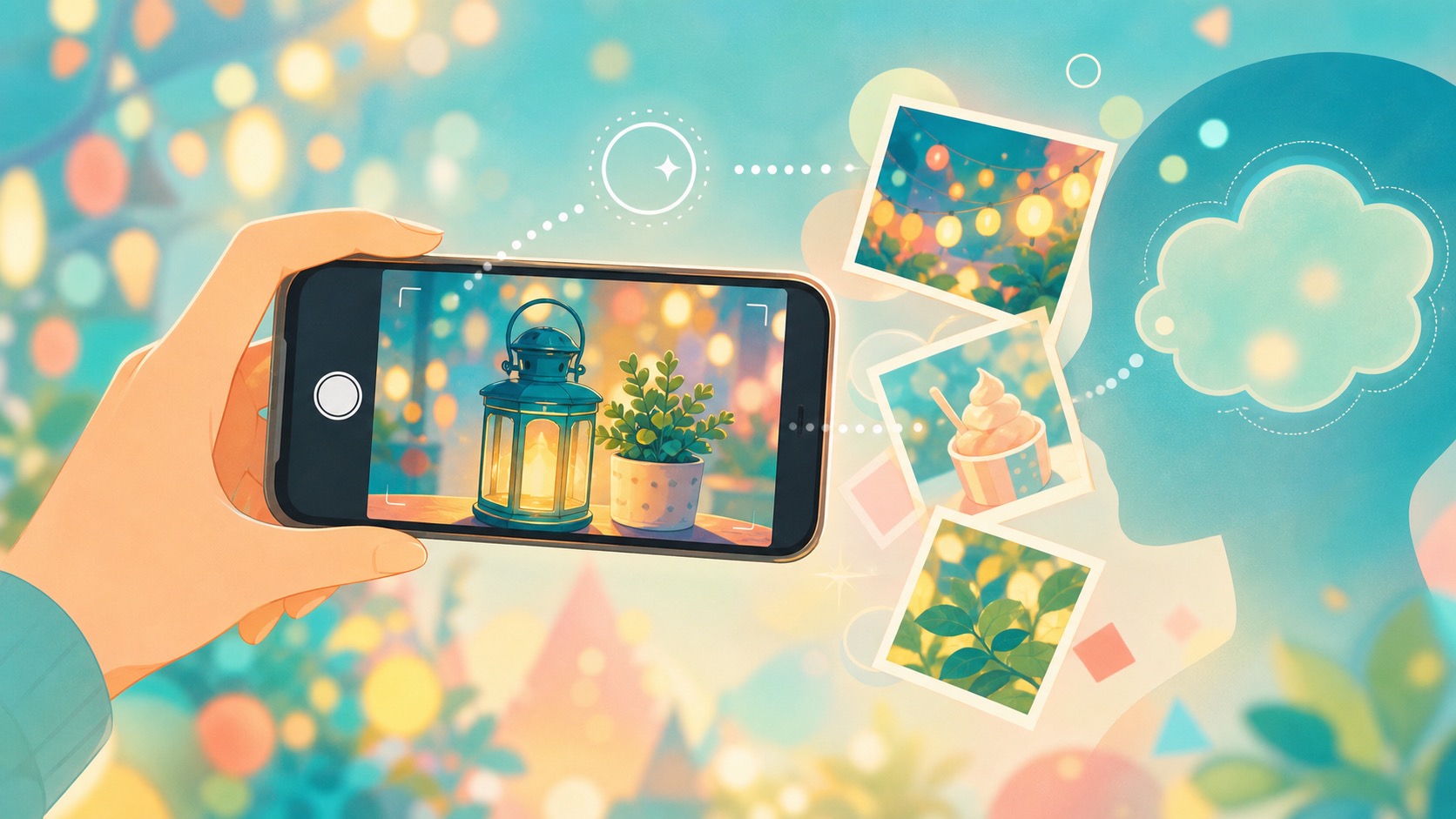 スマートフォンで小さな灯りを撮りながら記憶の断片が浮かぶ様子を描いたテマパ!オリジナル画像