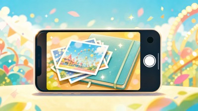 スマートフォンの画面に写真と記憶ノートが重なる様子を描いたテマパ！オリジナル画像