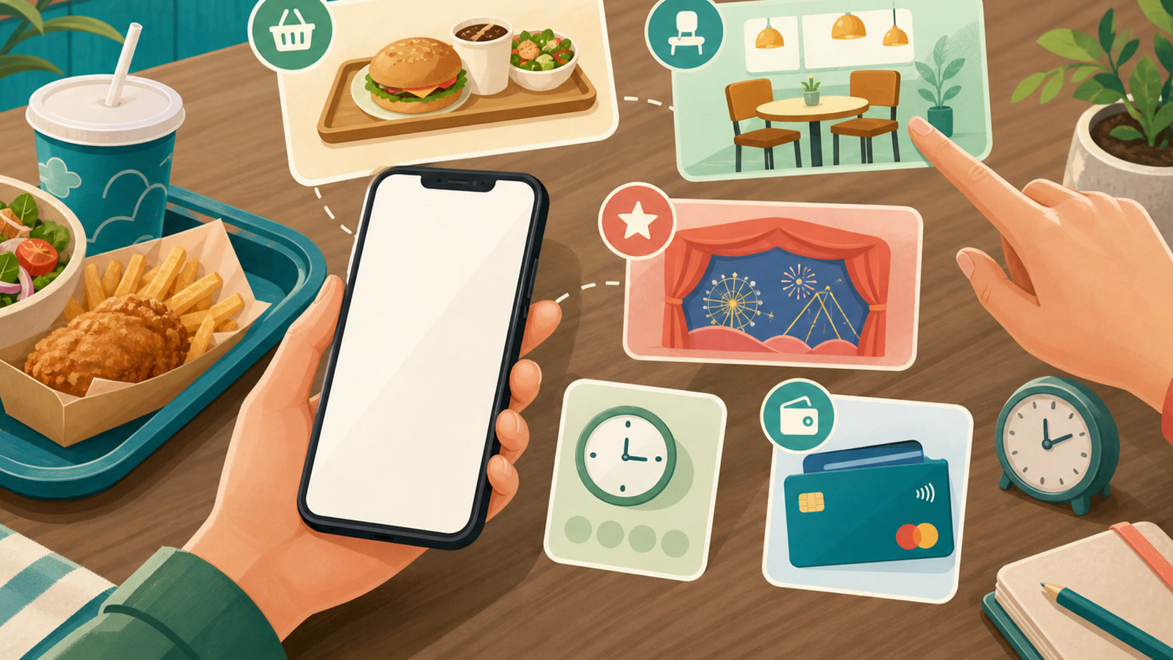 スマートフォンを中心にフード注文、レストラン予約、ショー予約、支払い確認をカードで整理したテマパ！オリジナル画像