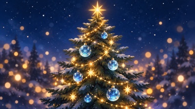 冬の夜に立つ一本のクリスマスツリーを、青い飾りと金色の星で抽象的に描いたイラスト
