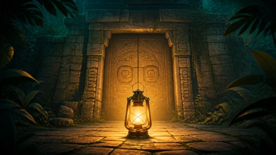ジャングルの古代石門の前で暖かく光る探検用ランタンを描いたテマパ！オリジナル画像