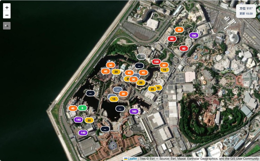 テマパ!の東京ディズニーシー待ち時間マップ表示画面