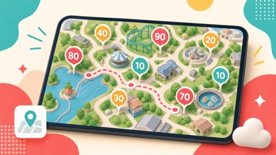 スマートフォン上の抽象的なパーク地図に待ち時間ピンが並ぶテマパ！オリジナル画像
