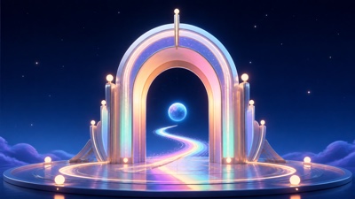 淡い虹色の光をまとった未来的なアーチの向こうに青い惑星が浮かぶテマパ！オリジナル画像