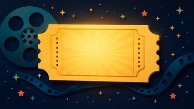 金色の映画チケットとフィルムリールを描いた、公開予定映画一覧のイメージ