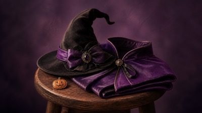 紫のケープと黒いとんがり帽子を木製スツールに並べた、ハロウィーン仮装準備をイメージするテマパ！オリジナル画像