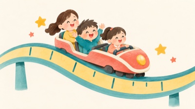 身長を測る水色の目盛り付きカーブを走る赤い乗り物に、3人の子どもが乗っているイラスト